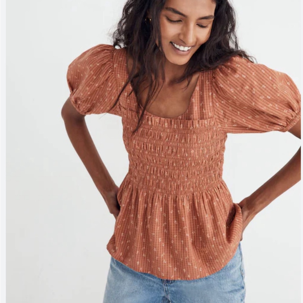 Madewell bubble sleeve smocked top NWT small